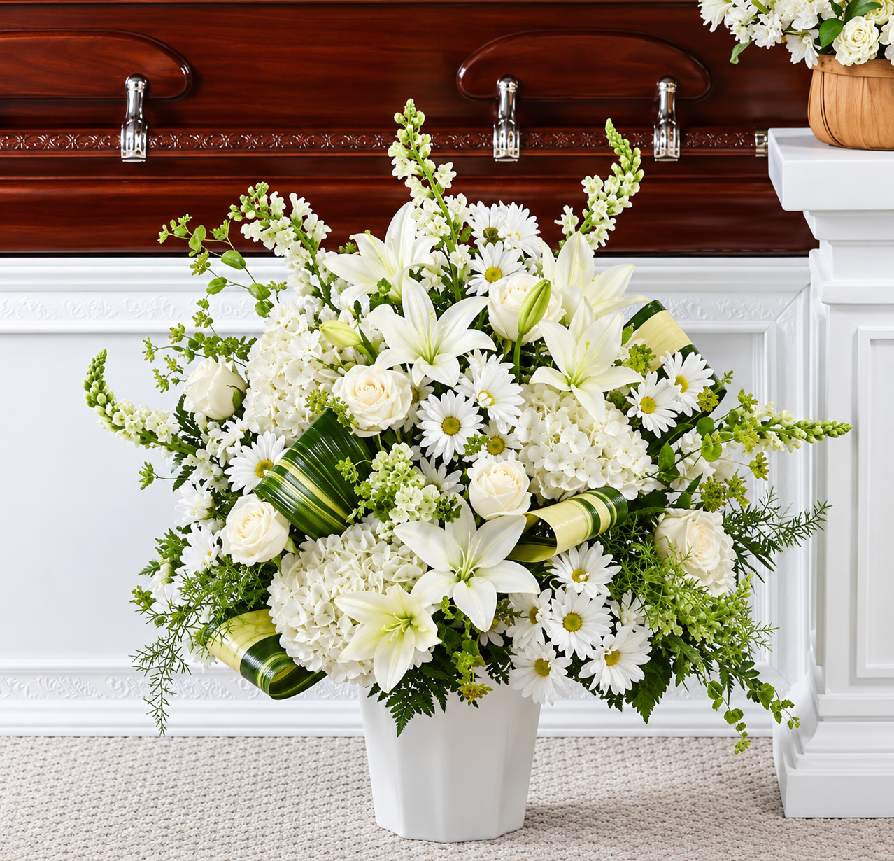 Elegant White Floral Arrangement on Mahogany Backdrop