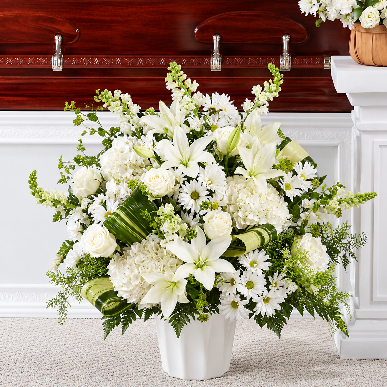 Elegant White Floral Arrangement on Mahogany