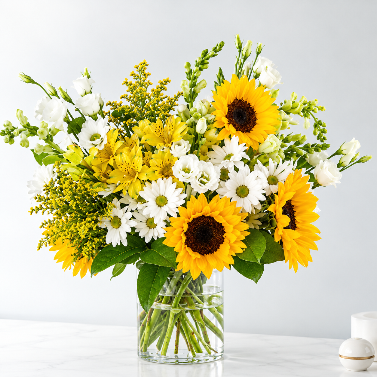 Sunflower and Daisy Bouquet in Glass Vase